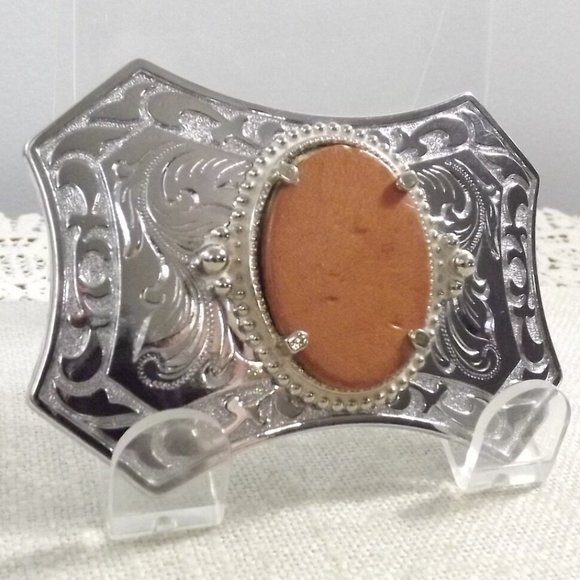 Silver Southwestern Belt Buckle w/ Leather Insert - Picture 3 of 9